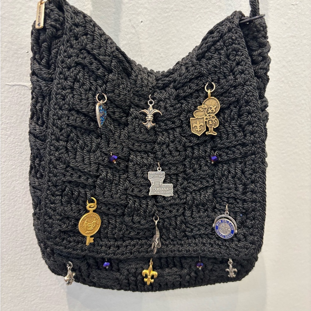 Black Crochet Crossbody Bag with New Orleans / Saints Charms